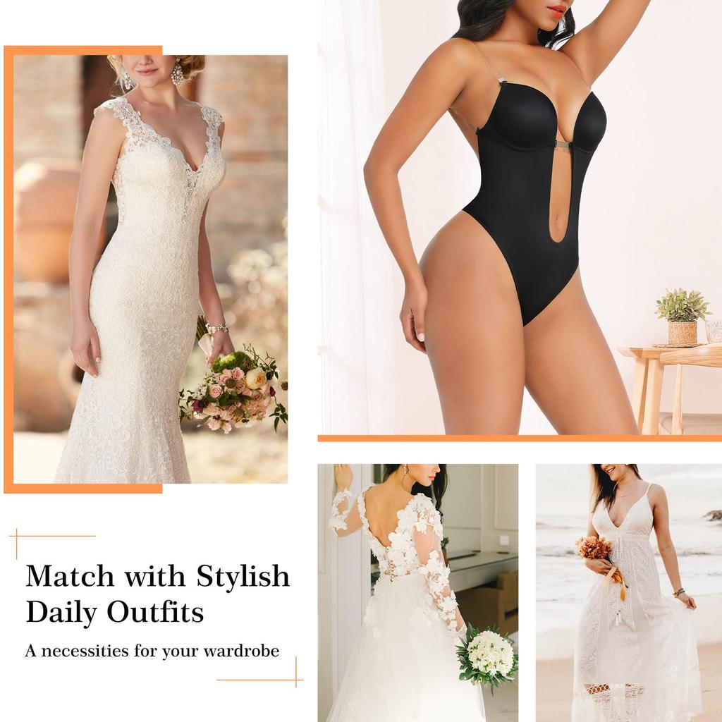 Tummy Control Shapewear for Women Plunge Backless Body Shaper Built-in Bra Camis Deep V-Neck Sexy Thong Bodysuit Party Club Wedding Dress Outfits