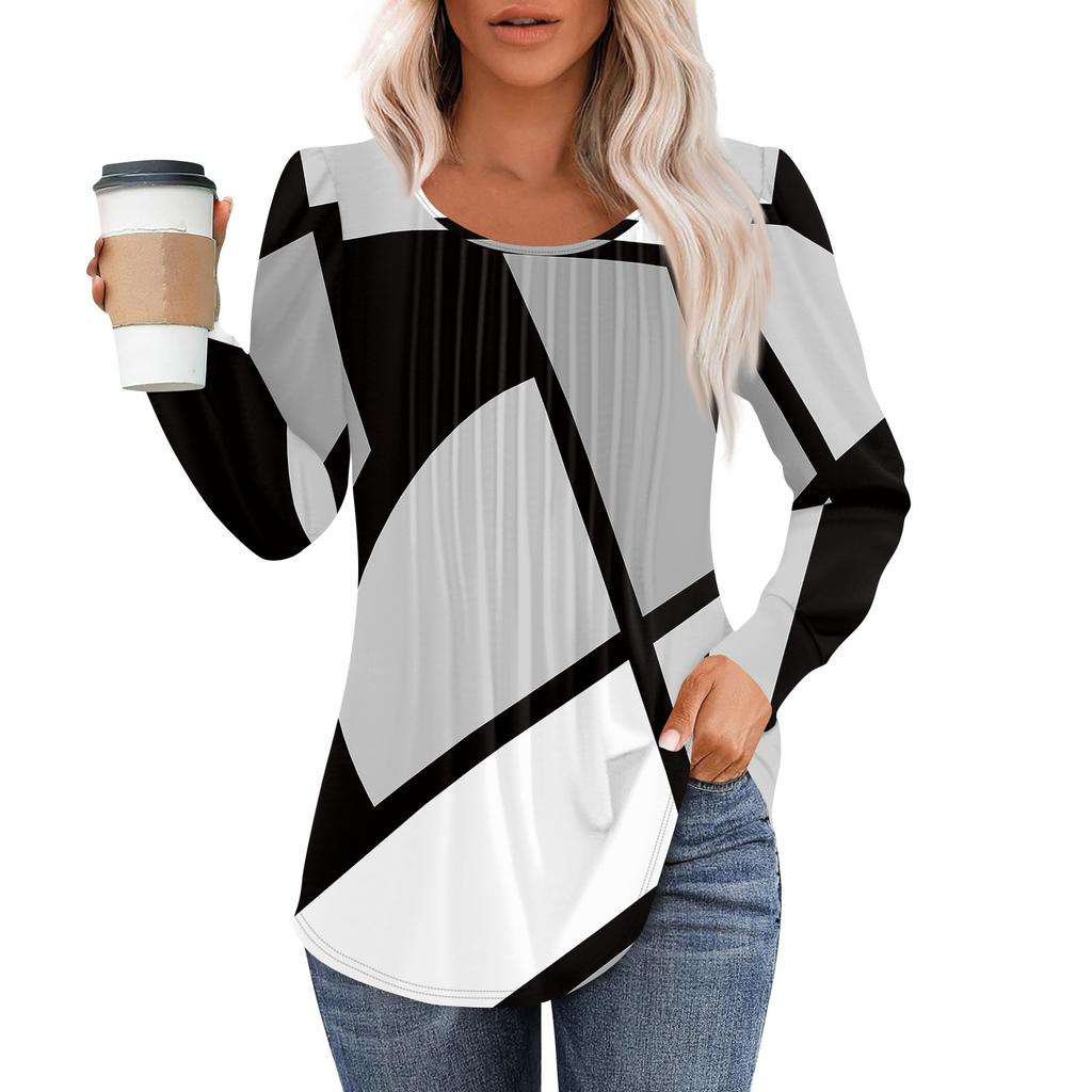 Рубашки с длинным рукавом для женщин, топы, нарядные повседневные блузки, плиссированные топы-туники с круглым вырезом