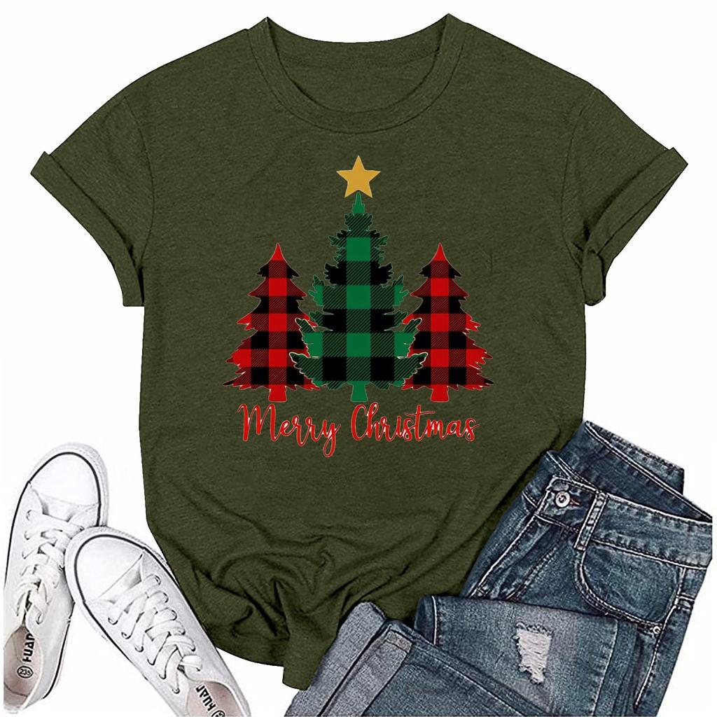 Женский повседневный рождественский принт с короткими рукавами и круглым вырезом, свободный пуловер, топ
