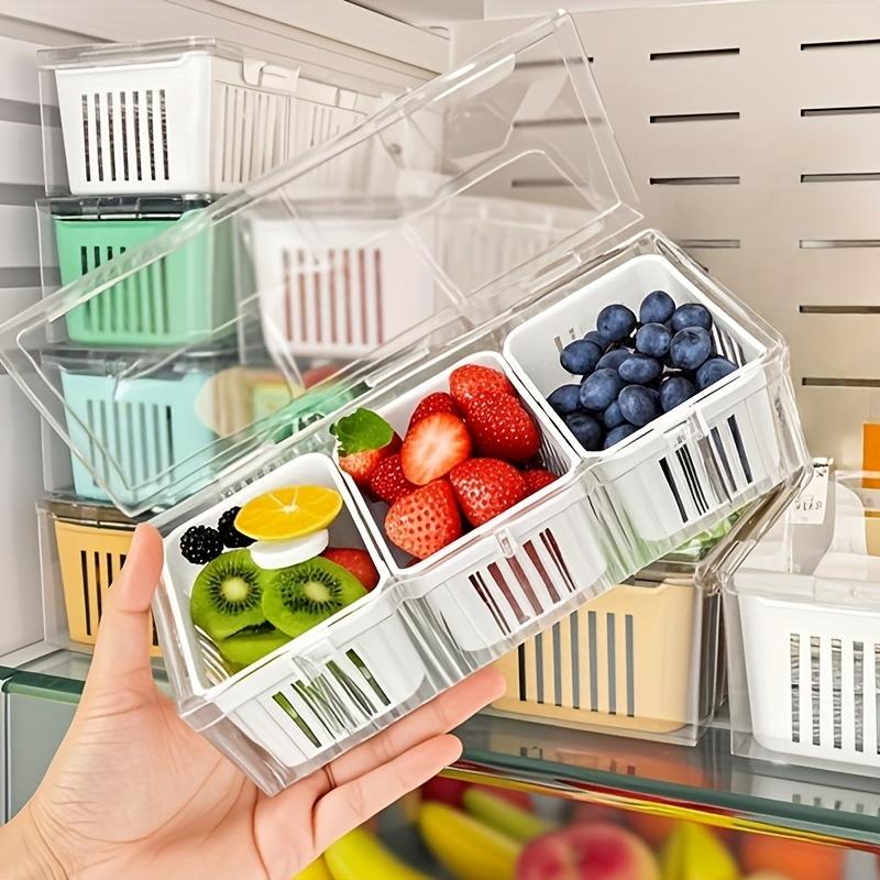 3 Compartment Food Storage Container With Lid Transparent Square Blue Drain Box For Fridge Salad Fruit Veg Condiments Reusable