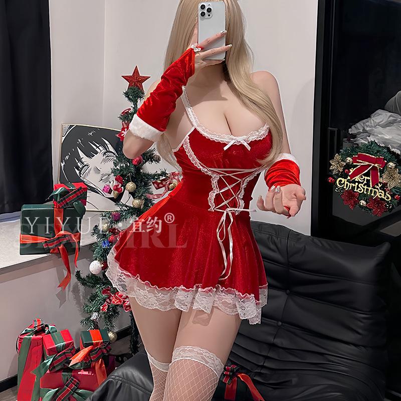 Yiyue Сексуальное рождественское нижнее белье: Горячая кружевная ночная рубашка с подтяжками для женщин 8598