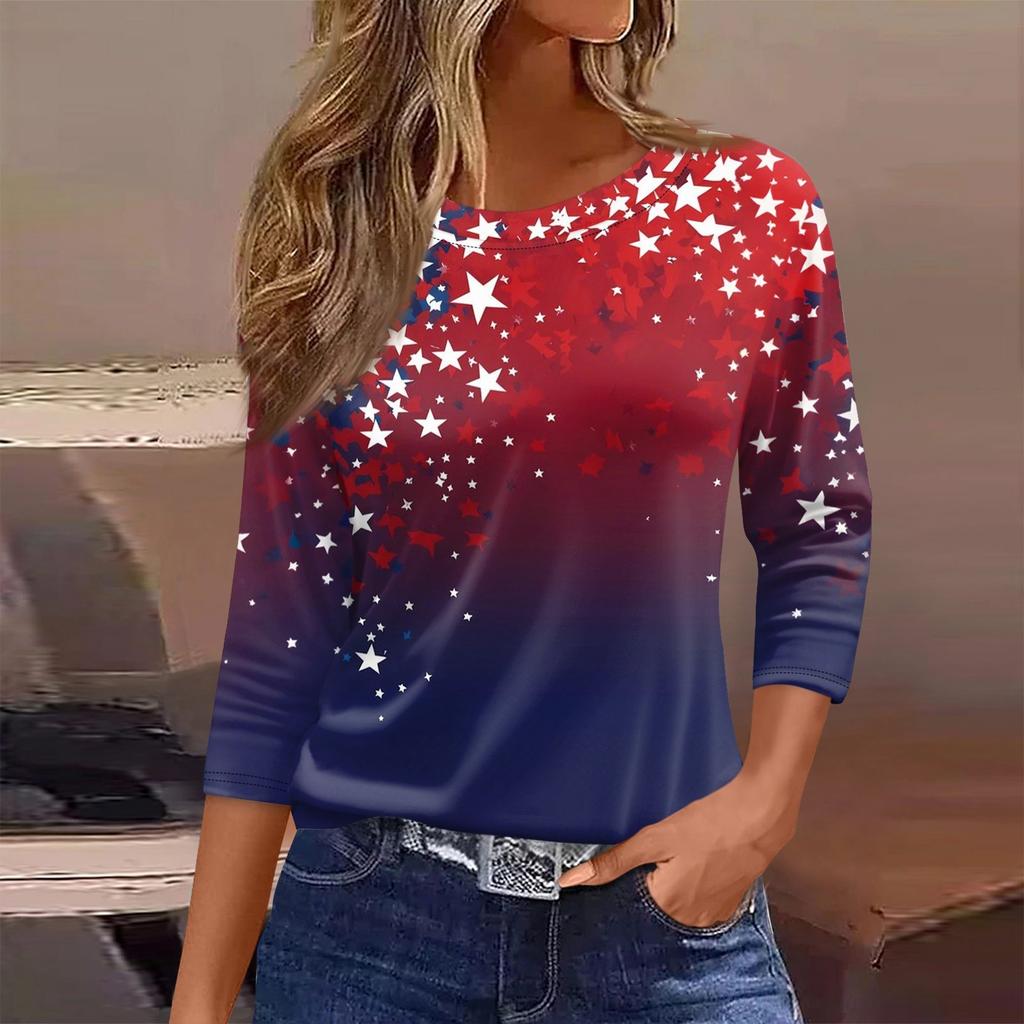 Women’s Long Sleeve Crewneck Top with Printed Star and Stripe Pattern Casual Loose Fit Pullover Shirt for Everyday Wear