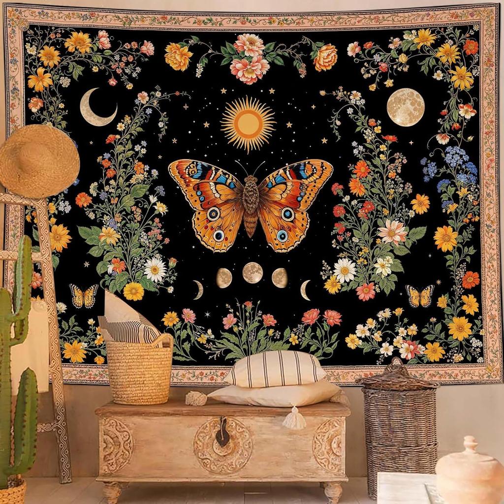 Wegklazax Abstract Sun and Moon Floral Tapestry, Bohemian Hippie Cosmic Wall Art for Room Decor, Artistic Nature Home Decor