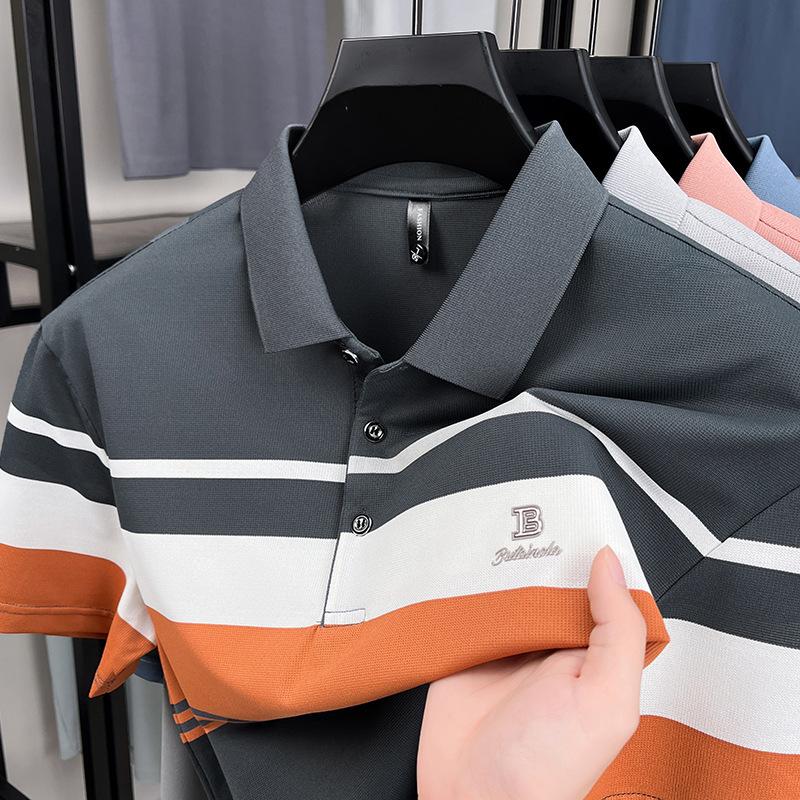 Футболка мужская тяжелая и тонкая вышивка с прямым воротником-лацканом и короткими рукавами в деловом стиле с простым и красивым низом