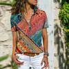 Bohemian Vintage Printed Women Short Sleeve Loose Zipper Neck T-shirt