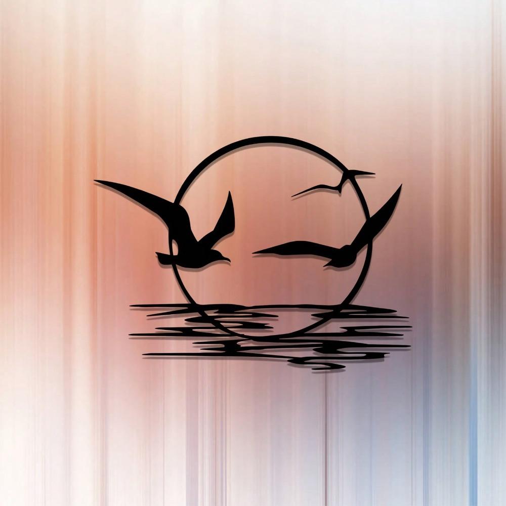 2D Flat Iron Sunrise And Seagulls Metal Wall Art. It Features A Circular Silhouette Design, Suiting Living Rooms, Bedrooms, Dining Areas, And Offices.