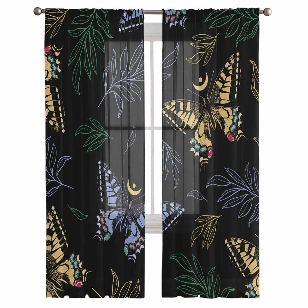 Винтажные прозрачные шторы с бабочками и акварельными растениями для гостиной, кухни, оконные шторы, тюлевые занавески для спальни, вуали