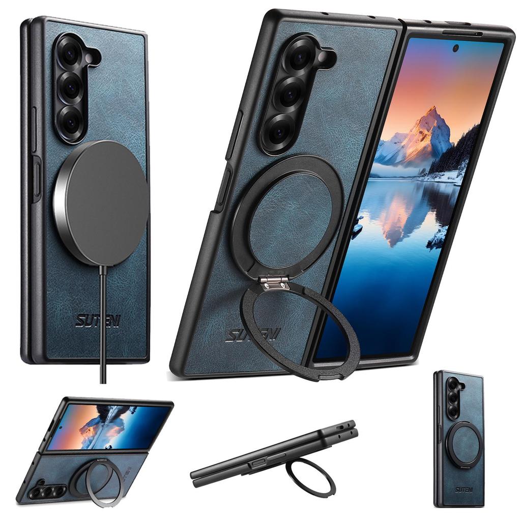 Кожаный чехол с магнитной беспроводной зарядкой для Samsung Z Fold 7/6/5 с вращающейся на 360° подставкой-кольцом