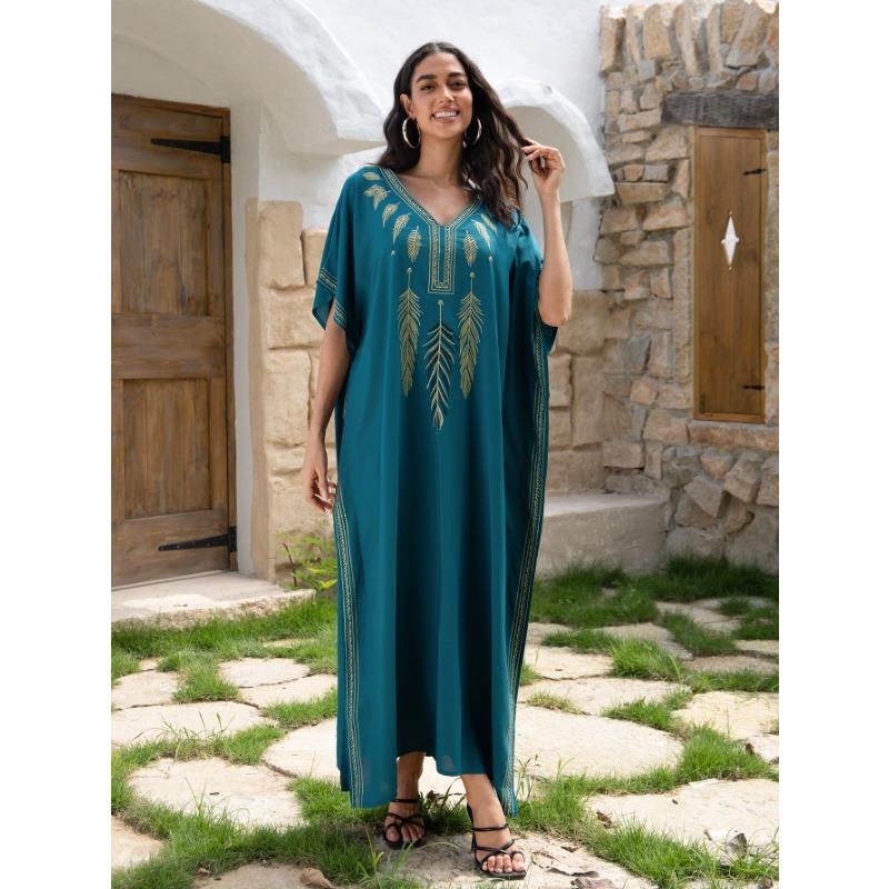 Женская мода лето весна перо принт рукава 1/2 V-образный вырез свободная талия повседневные платья