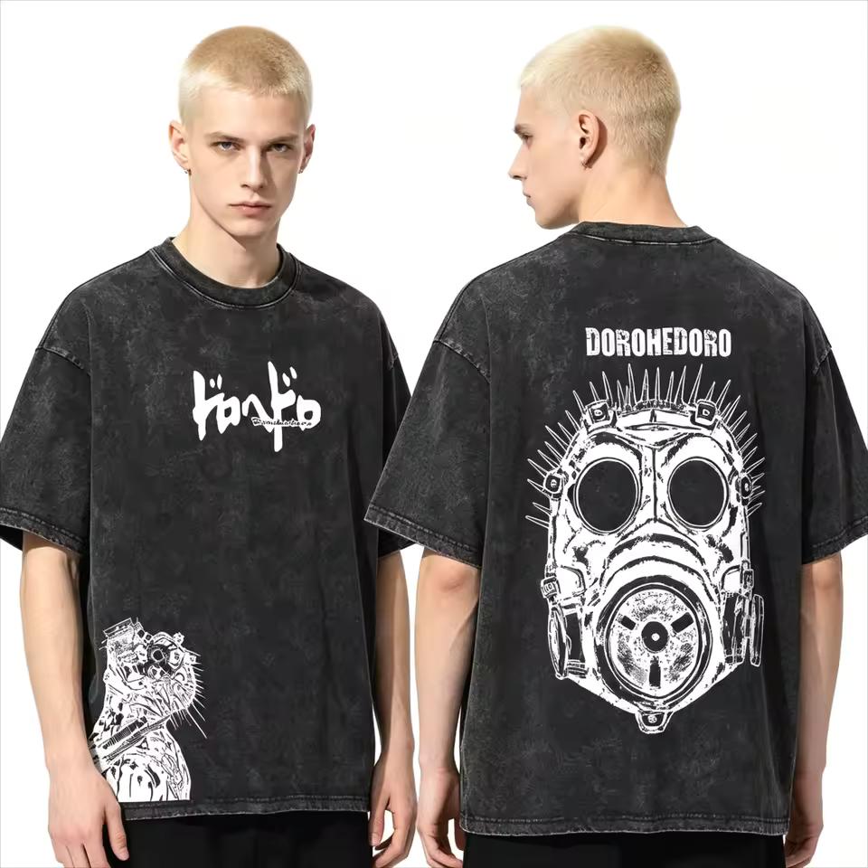 Hot Sale Japanese Anime Dorohedoro Noi Kaiman Vintage Washed Double Sided Print T-shirt Men Women Casual Oversized Round T-shirt