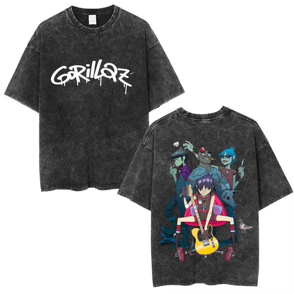 Washed Vintage Rock Band Gorillaz Graphic Tshirts Men Women CasualOversized Short Sleeve T Shirts Mens Retro Gothic Streetwear