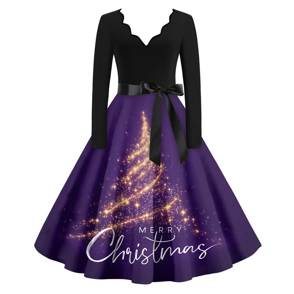 Женское повседневное модное платье с V-образным вырезом и рождественским принтом в винтажном стиле