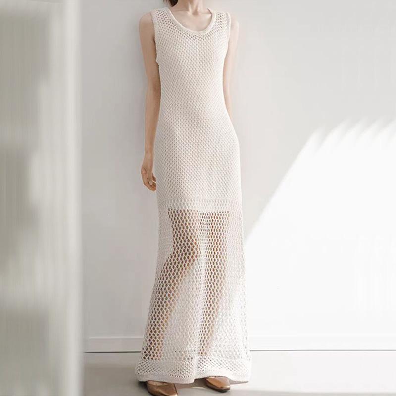 Fashion Sexy Hollow Out Mesh Pullover Summer Beach Dress Women's Knitted Sweaters See Through Casual Loose Sleeveless Dresses