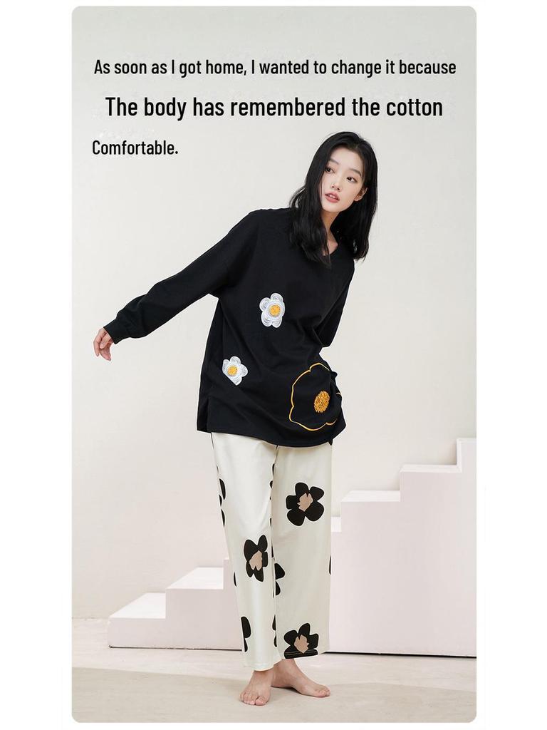 Женский пижамный комплект из чистого хлопка с длинными рукавами и нагрудными накладками — большой размер, весна/осень 2025 г.