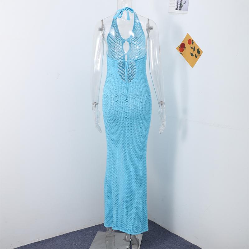 Женское сексуальное трикотажное платье с висячим вырезом без рукавов с глубоким V-образным вырезом, однотонные облегающие платья, летняя мода, ажурное трикотажное длинное платье, праздничные пляжные халаты