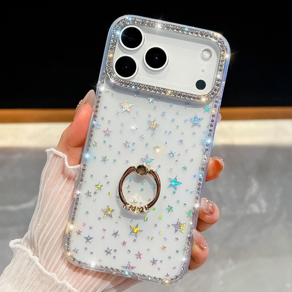 For Apple 17Air Glitter Diamond Phone Case for Apple 16E Ring Stand 15ProMax Glitter Powder Protective Case