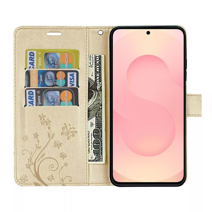 Coque de Protection - BOOLING - pour Samsung Galaxy S25 FE - Cuir Synthétique Motif Plante Doré - 2 Verres Trempés