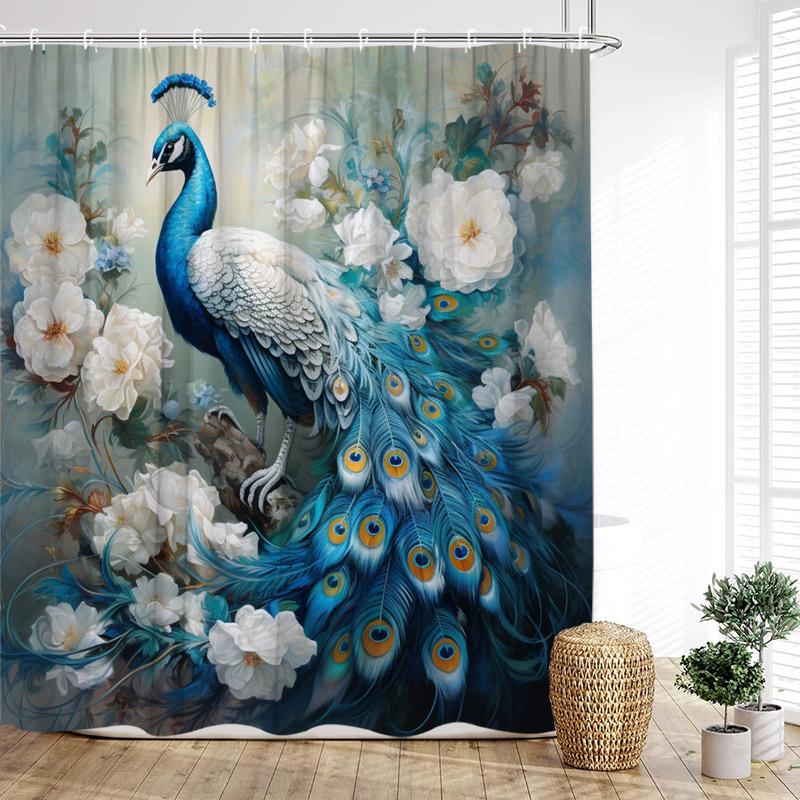 Blue Peacocks Shower Curtains Forest Trees Plants Flowers Waterfall Scenery Polyester Fabric Bathroom Curtain Decor With Hooks