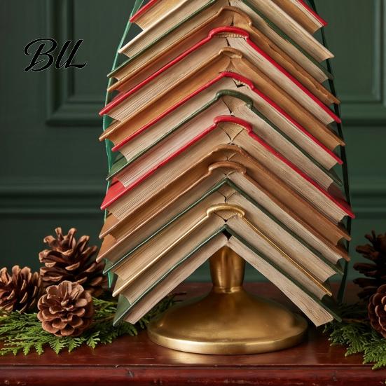 Traditional Holiday Table Ornament Stacked Book Christmas Tree Tabletop Decor, Resin Page for Home Durable Office Desk, Rustic Centerpiece with Velvet