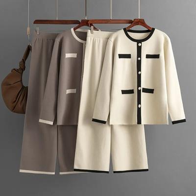 Женский комплект из двух предметов, новинка 2024 года, зимний вязаный пуловер, свободные комплекты с широкими брюками, однотонные комплекты свитеров, осенняя женская одежда