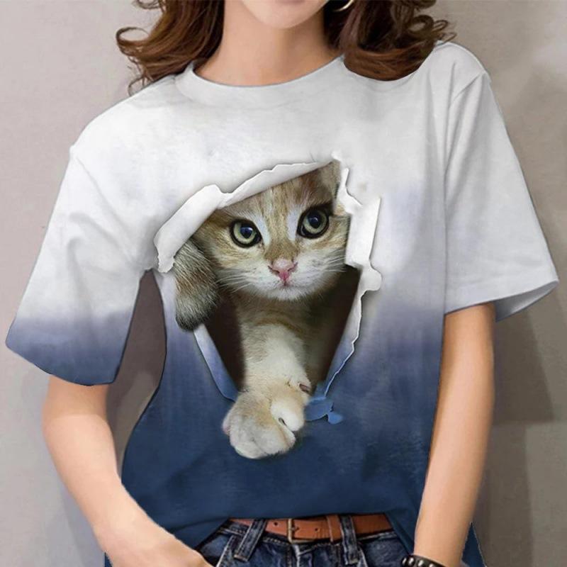 Летний топ с круглым вырезом и принтом 3D Cat, модные повседневные женские футболки с короткими рукавами