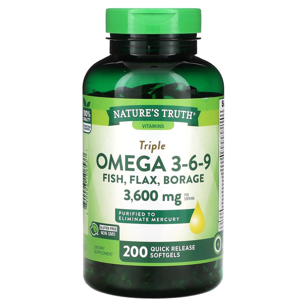 Nature'S Truth, Vitamins, Triple Omega 3-6-9, Fish, Flax, Borage, 3,600Mg, 200 Rapid Release Softgels (1,200Mg per Softgel)