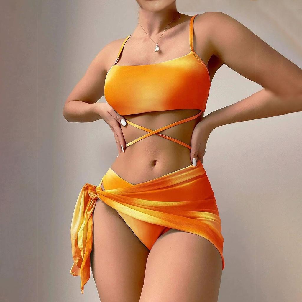 Женский однотонный купальник, женский купальник с разрезом на тонких бретельках и высокой талией, комплект из четырех предметов