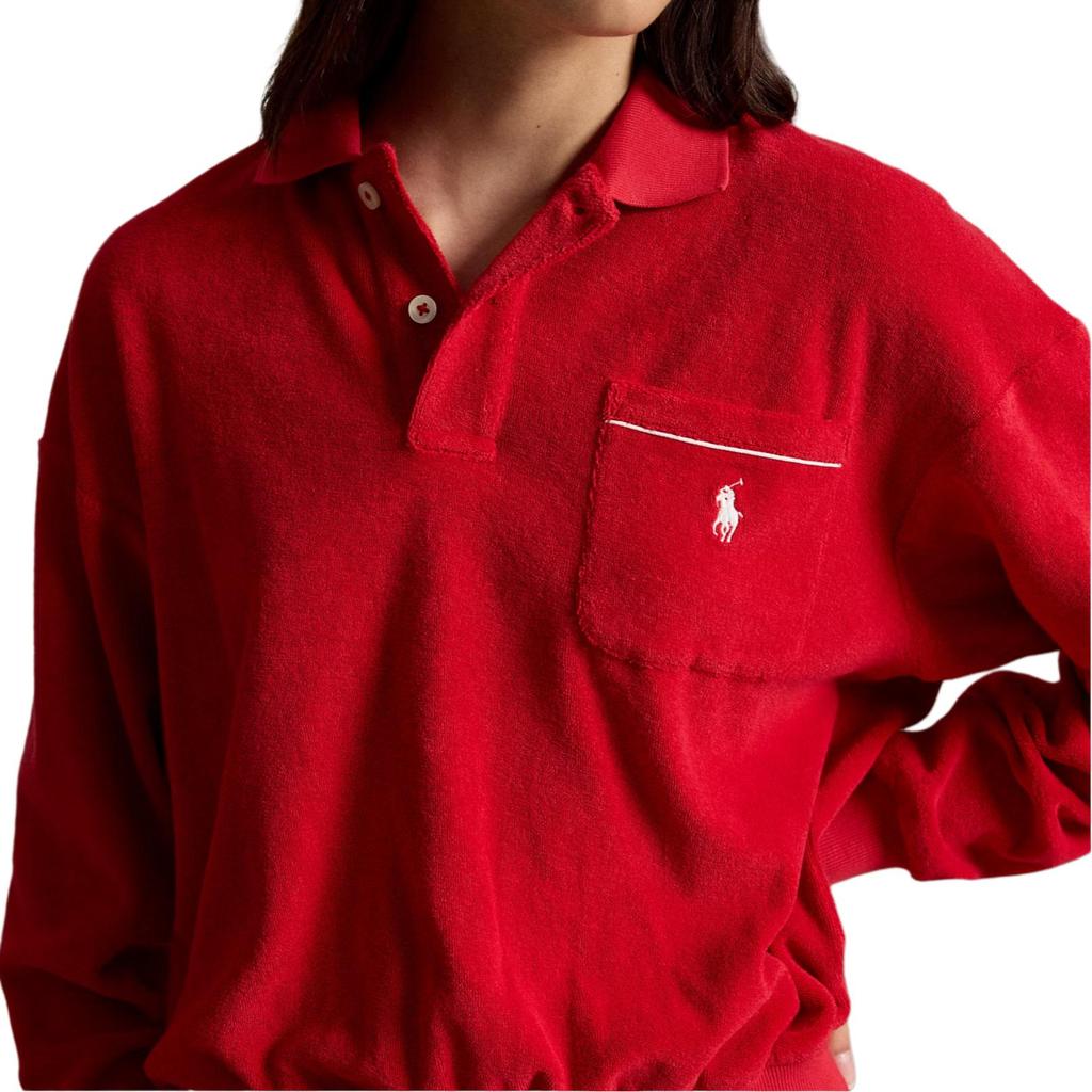 Polo Ralph Lauren Хлопковая смесовая махровая рубашка-поло с длинным рукавом и вышитой лошадкой Свободный крой Женские топы 211A12737-003