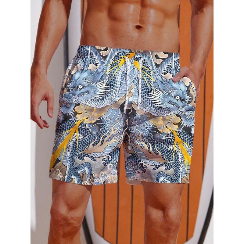 Летние 3D-печатные шорты с принтом Укиё-э «Свирепый дракон» для мужчин, Board shorts, Плавки, На шнурке, Дышащие, Короткие