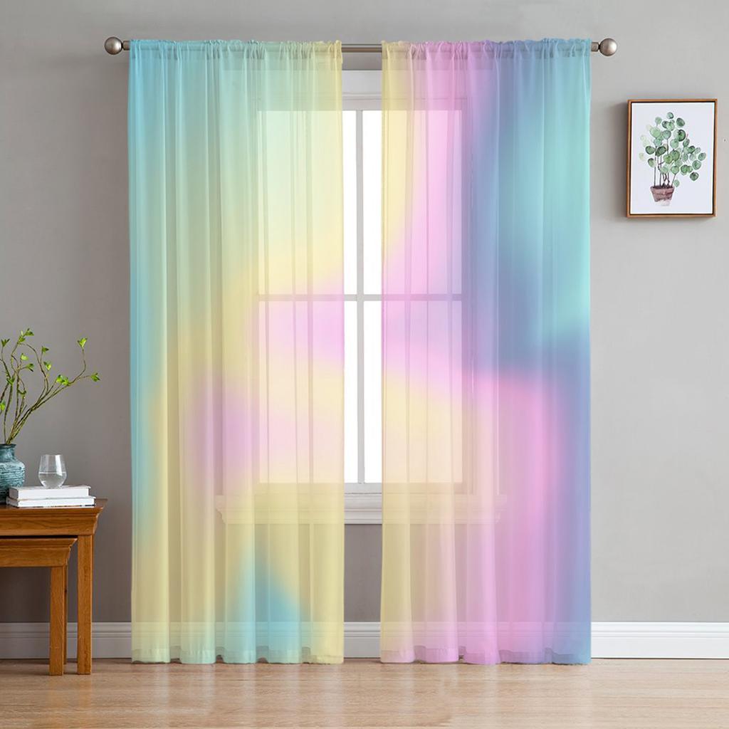 Candy Rainbow Stripes Sheer Voile Curtains for Living Room Printed Tulle Window Curtain Luxury Home Balcony Decor Drapes