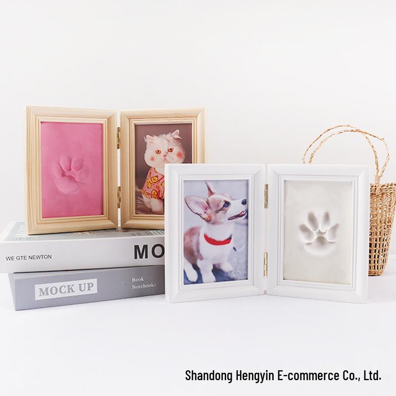 Pet Paw Print Clay and Photo Frame - Solid Wood Two-Fold Keepsake Ornament