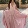 Women French Style Halter Neck Pleated Waist Cinching Long Dress