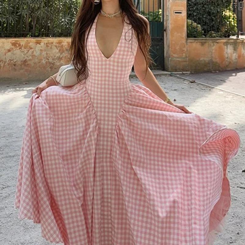 Women French Style Halter Neck Pleated Waist Cinching Long Dress