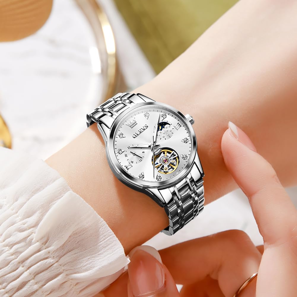OLEVS Ladies Watch Mechanical Automatic Cute Arm Watch Ladies Watch Waterproof Luminous Diamond Sparkling Ladies Watch Date Ladies Watch White