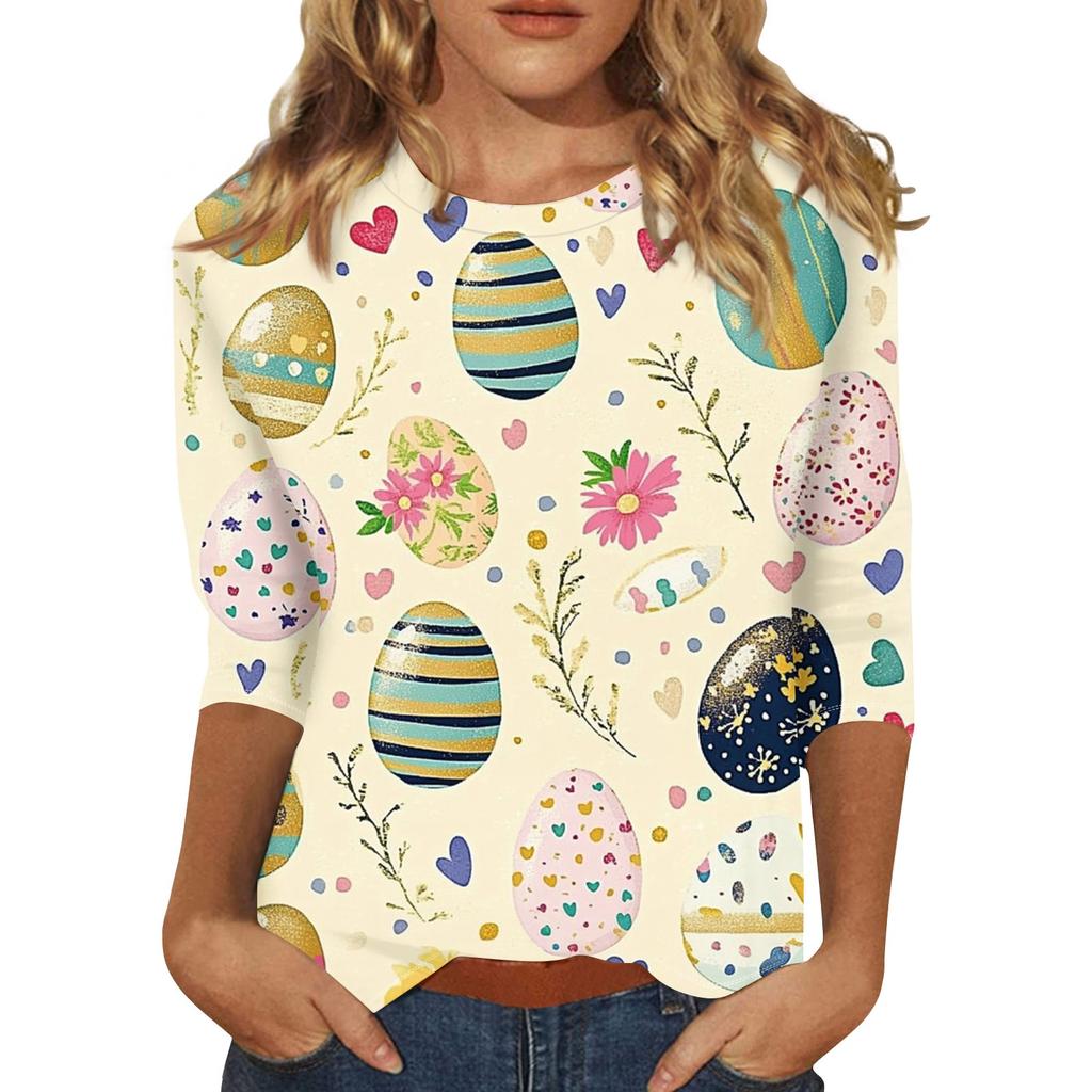 Women's Fashion Loose Casual Seven Sleeve Printed Round Neck Top