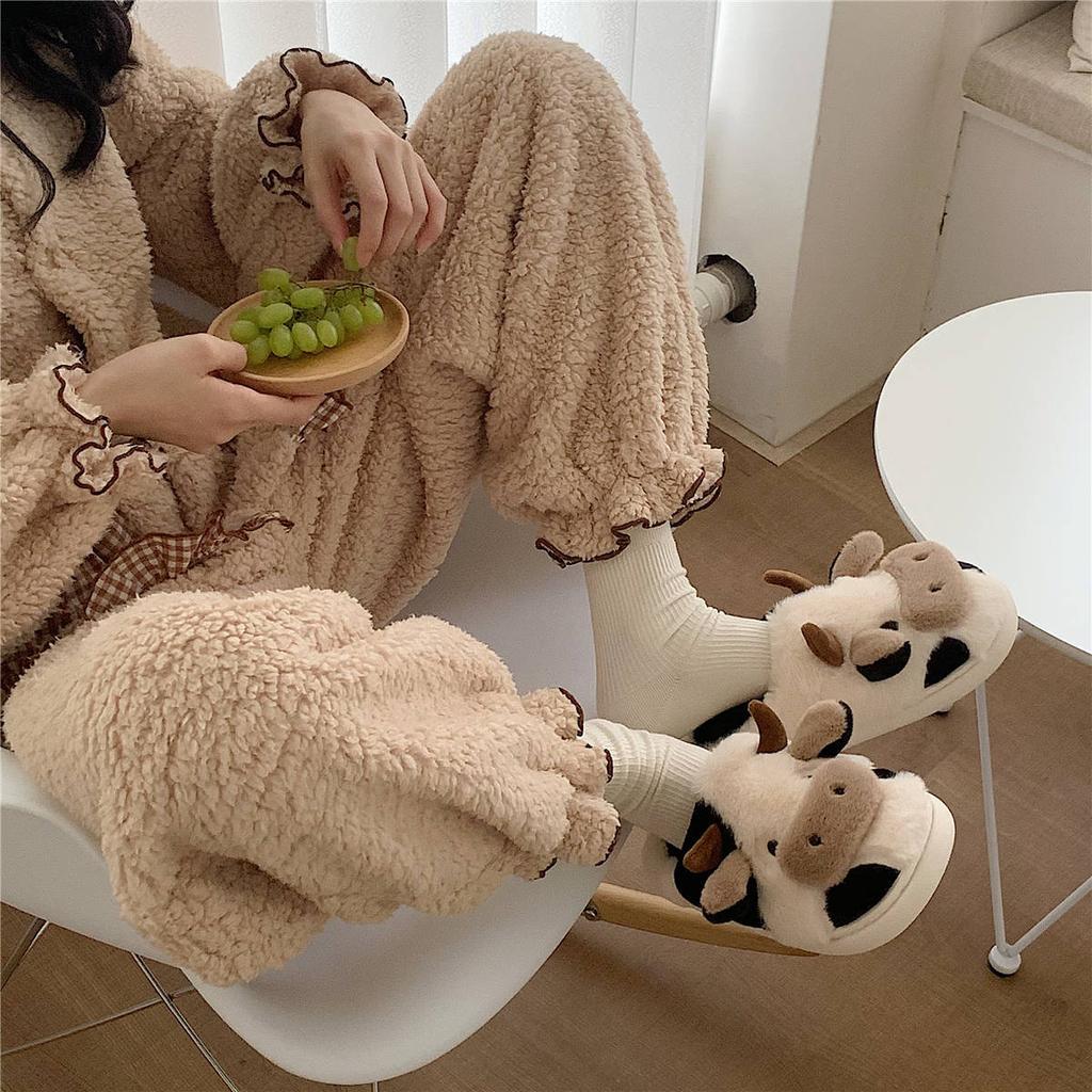 Soft Cute Cute, Cow Head Warm Slippers, Winter Fashion Girls Home, Warm Plush Shoes