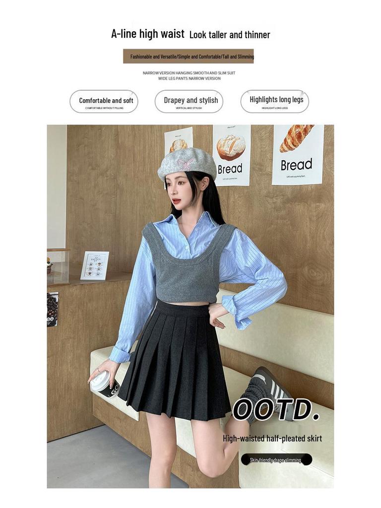 Приталенная юбка А-силуэта с высокой талией и плиссировкой из смесовой шерсти - от маленького до большого размера, осень/зима, стиль College JK, удлиненная миди-длина.