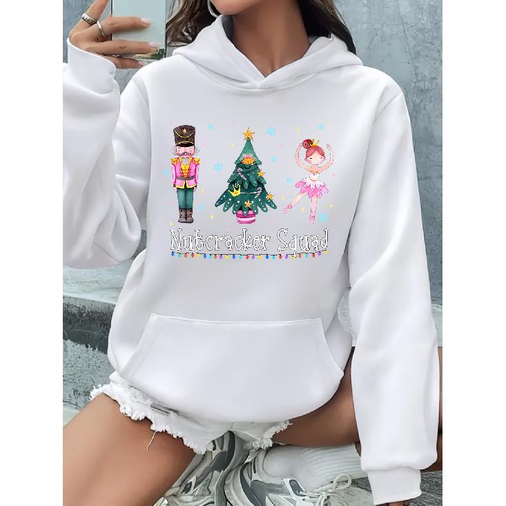 Loose Casual Women's Hoodie with Nutcracker Tree Print, Comfortable & Fashionable
