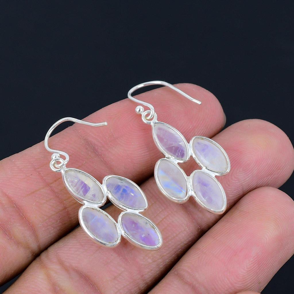 Natural Blue Fiery Rainbow Moonstone Earrings Solid 925 Sterling Silver Handmade Drop Dangle Earrings Jewelry Valentine's Day Gift For Love