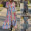 Женское платье макси с красочным принтом и отложным воротником, однобортное, с длинными рукавами, свободное до щиколотки, повседневное, пляжное, повседневное, для отдыха, платье