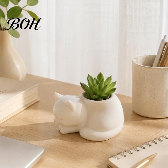 Healing Desk Decor Cat Candle Holder, Cartoon Lying Flower Pot for Succulents, Kitten Mini Resin Planter Storage Jar Jar, Creative Animal Home Office