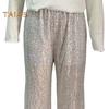 Women Elastic High Waist Flared Pants Sequins Decor Slim Fit Long Trousers High Street Long Pants Streetwear