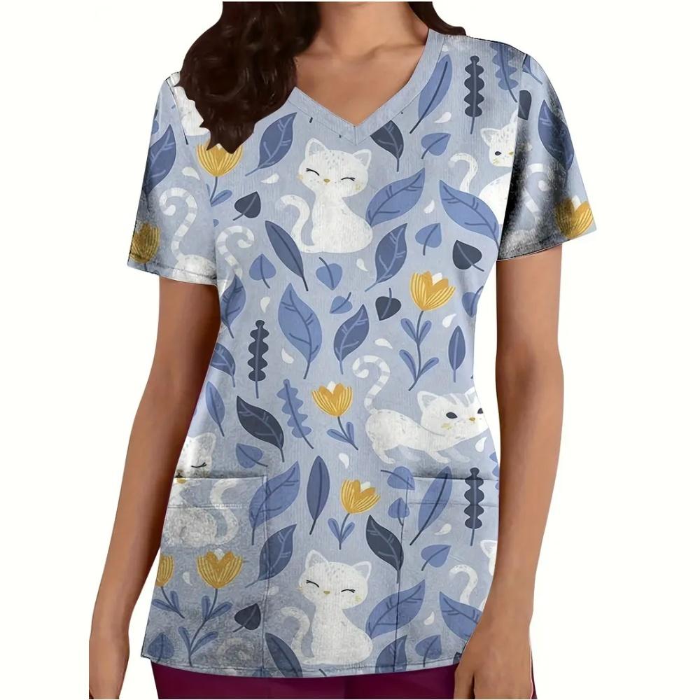 Women's Medical Uniforms Animal Cartoon Pattern Tee Fashion Patch Pocket Short Sleeve Tops Casual V-Neck Vet Nurse Uniform Woman