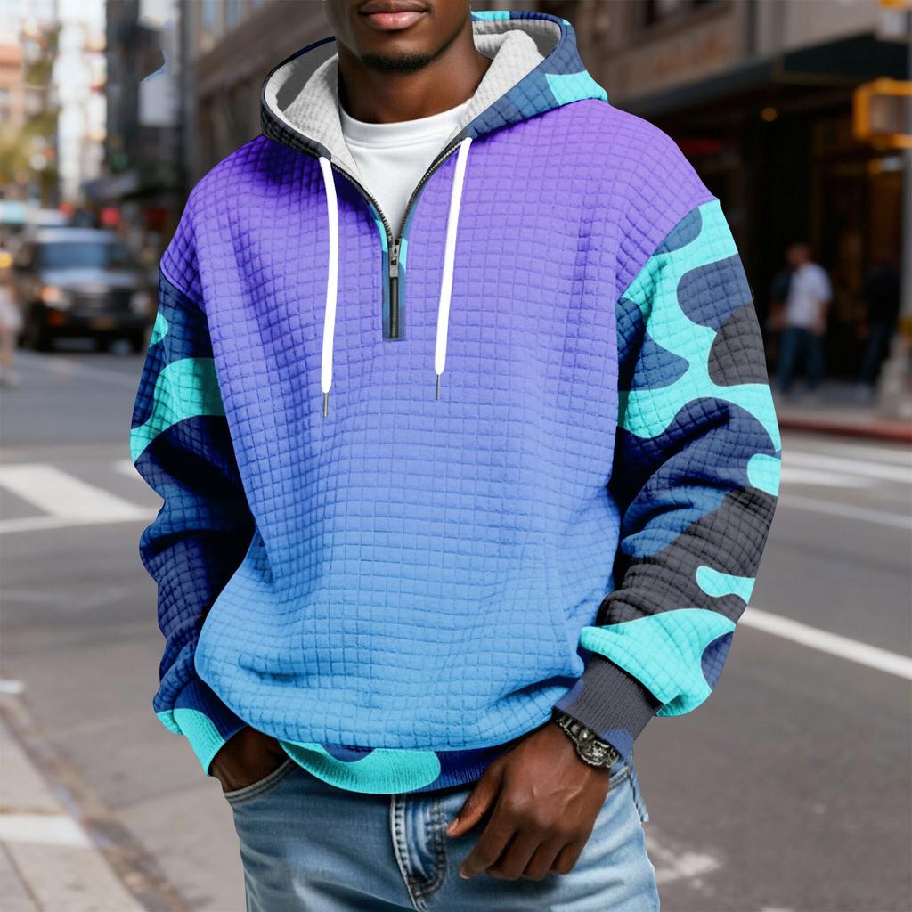 Мужской худи-пуловер в клетку с капюшоном на молнии до середины, со шнурком и принтом, повседневная спортивная толстовка
