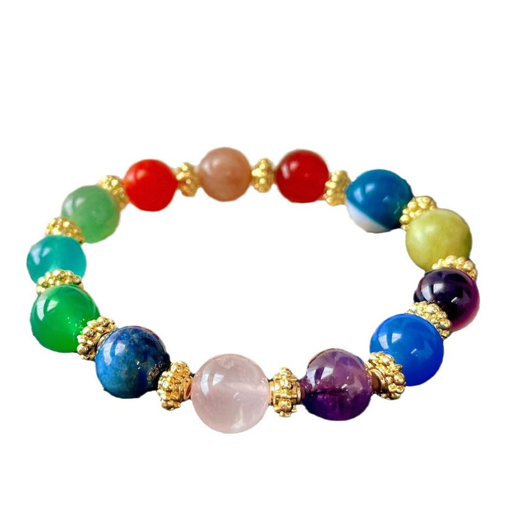 Retro Natural Crystal Duobao Bracelet Bracelet, Powder Crystal Amethyst Lapis Lazuli Chalcedony Agate Bracelet.