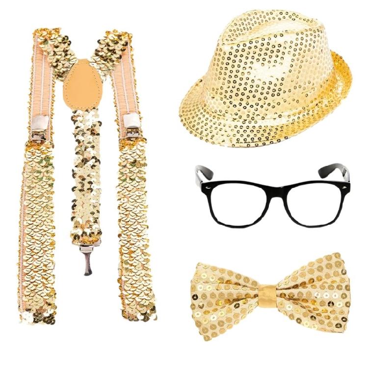 70s Disco Fancy Dress Set Bling Hat Bling Sunglasses Long Scarf Earring, and 70s Disco Accessories