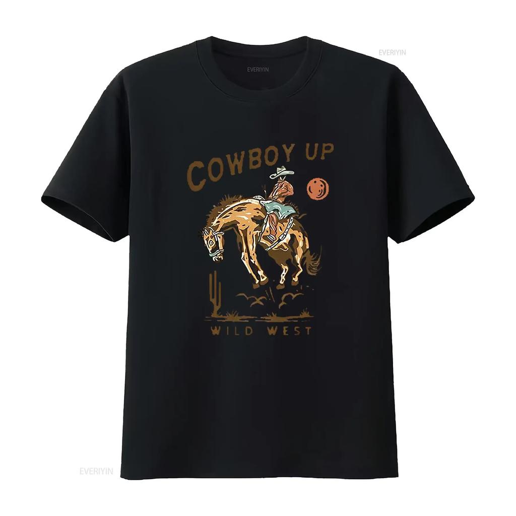 COWBOY UP ДИКИЙ ЗАПАД Американский Ретро Круглый Вырез Женская Футболка Черная X Large винтажный Стиранный Растягивающийся Топ Для Повседневной Носки