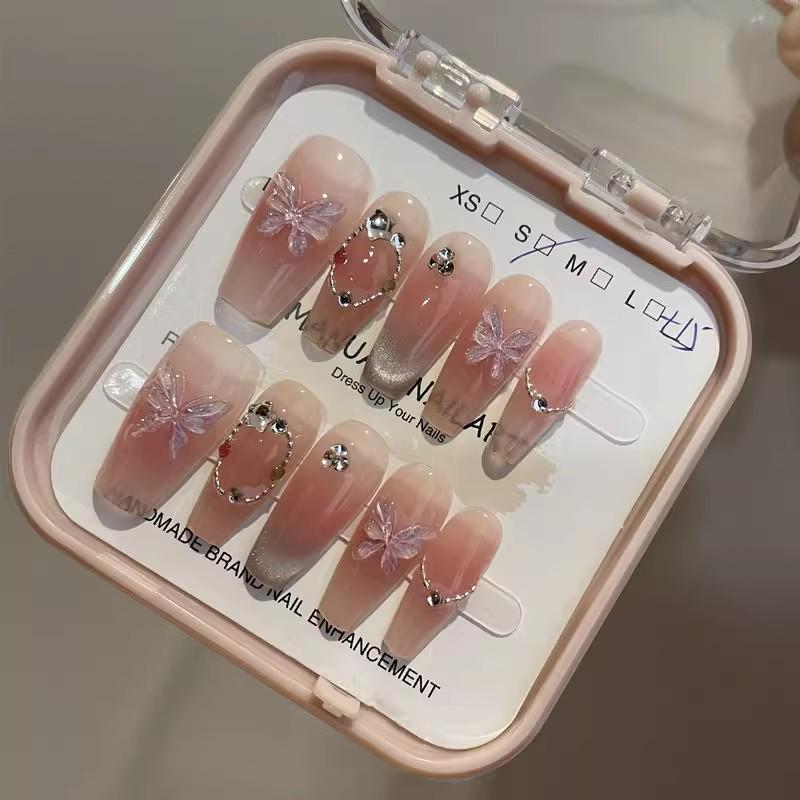 Butterfly Cat Eye Blush Fairy Bridal Press-On Nails, Medium-Long Stickers for 2025 New Year Style