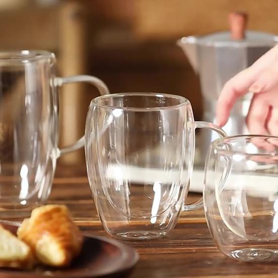 Double Wall Glass Tumbler with Handle Heat-Resistant Insulated Glass Mugs for Coffee Tea Milk 12oz Transparent Drink Cup for Home Office Use