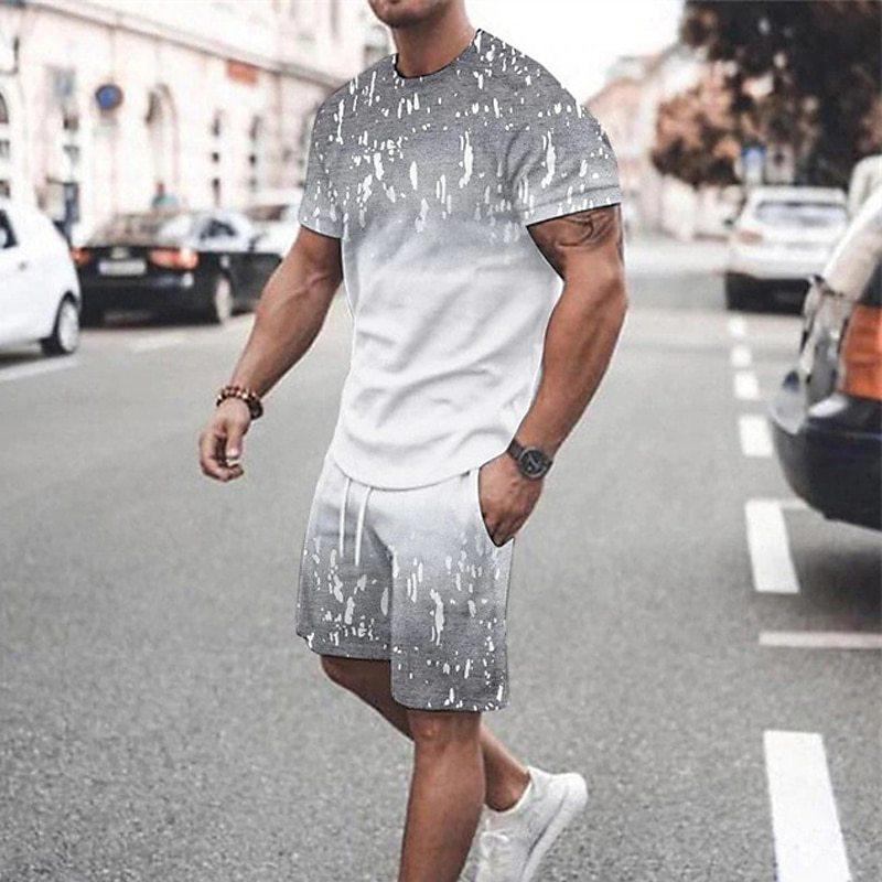 Asian Size Europe and the United States New 3D Digital Printed Men's Casual Fashion Sports Men Short Sleeve Up and Down Two Sets